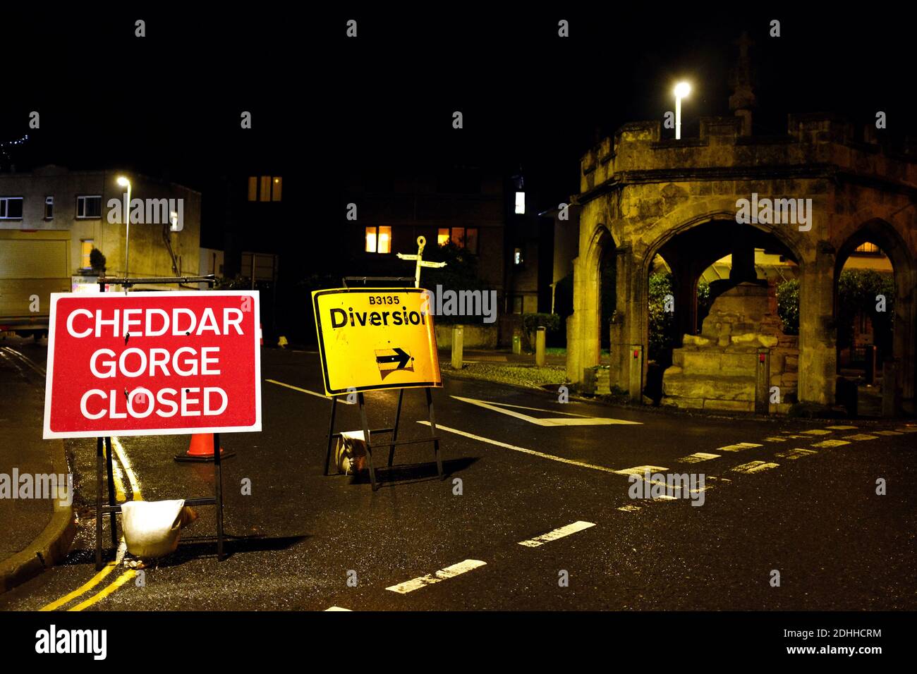 December 2020 - Sign for shutting of the gorge road for tree maintenance work in Cheddar Somerset, UK Stock Photo