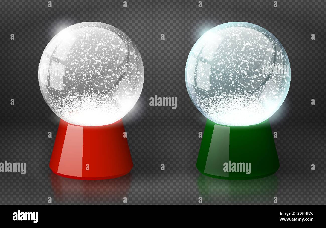 Red and green vector snow globe empty template isolated transparent background. Christmas magic ball. White glass ball dome glossy candy color stand Stock Vector