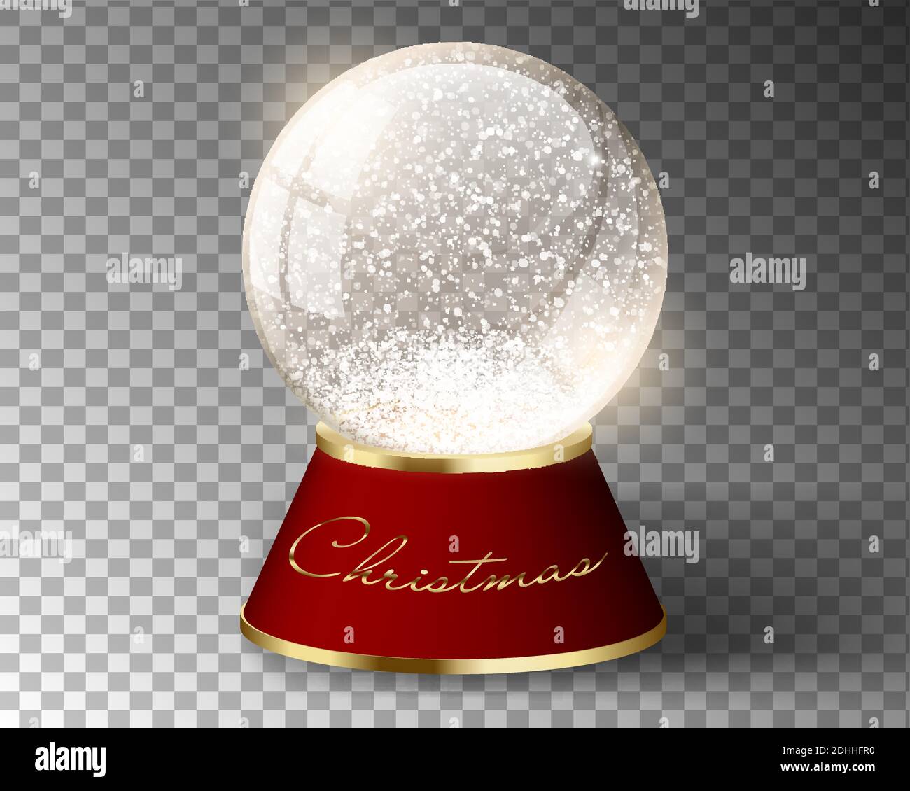 White vector snow globe empty template isolated on transparent background. Christmas magic ball. Glass ball dome with golden decoration text on red Stock Vector