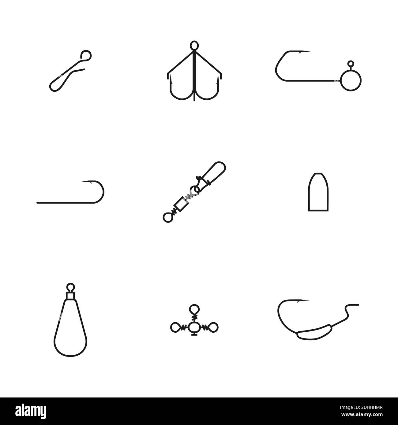 Set of spinning fishing accessories and tackles from thin lines. Various jig heads, lead sinkers, hooks, snaps hooked and swivels, vector illustration Stock Vector