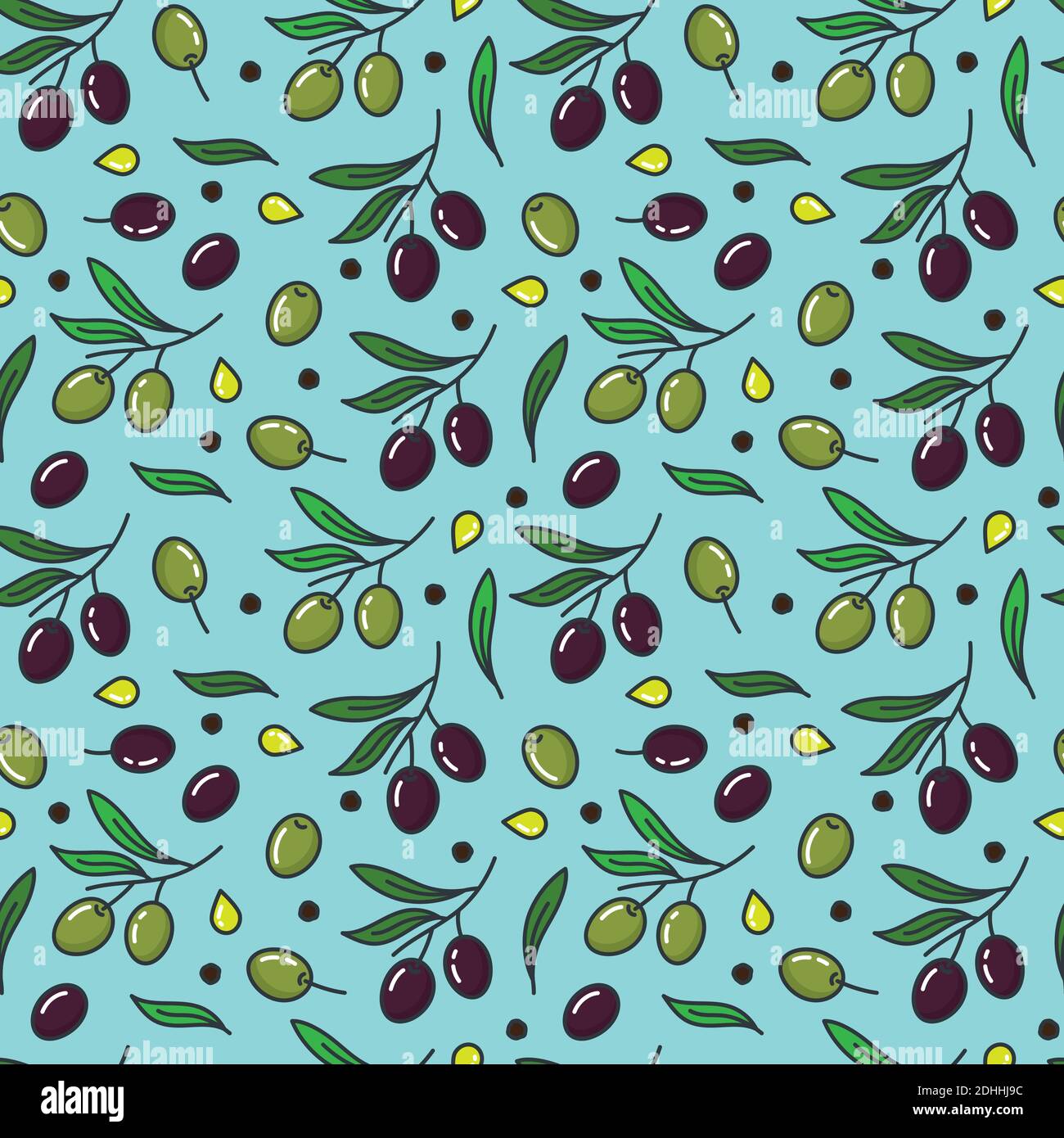 Seamless vector pattern with green and black olives with leaves