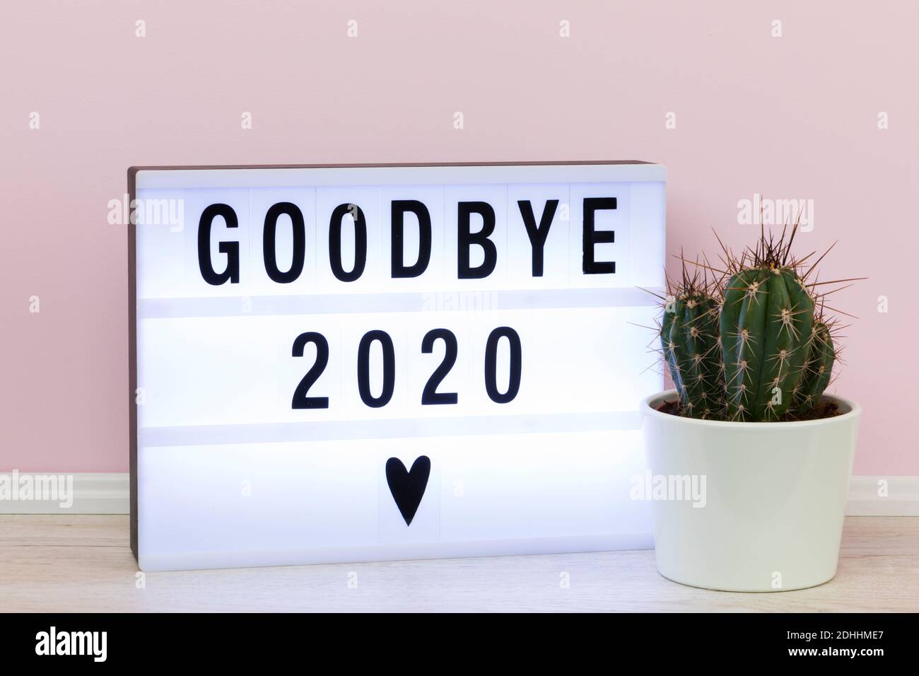 Farewell to a bad year 2020. Lightbox with goodbye message and potted cactus. Stock Photo