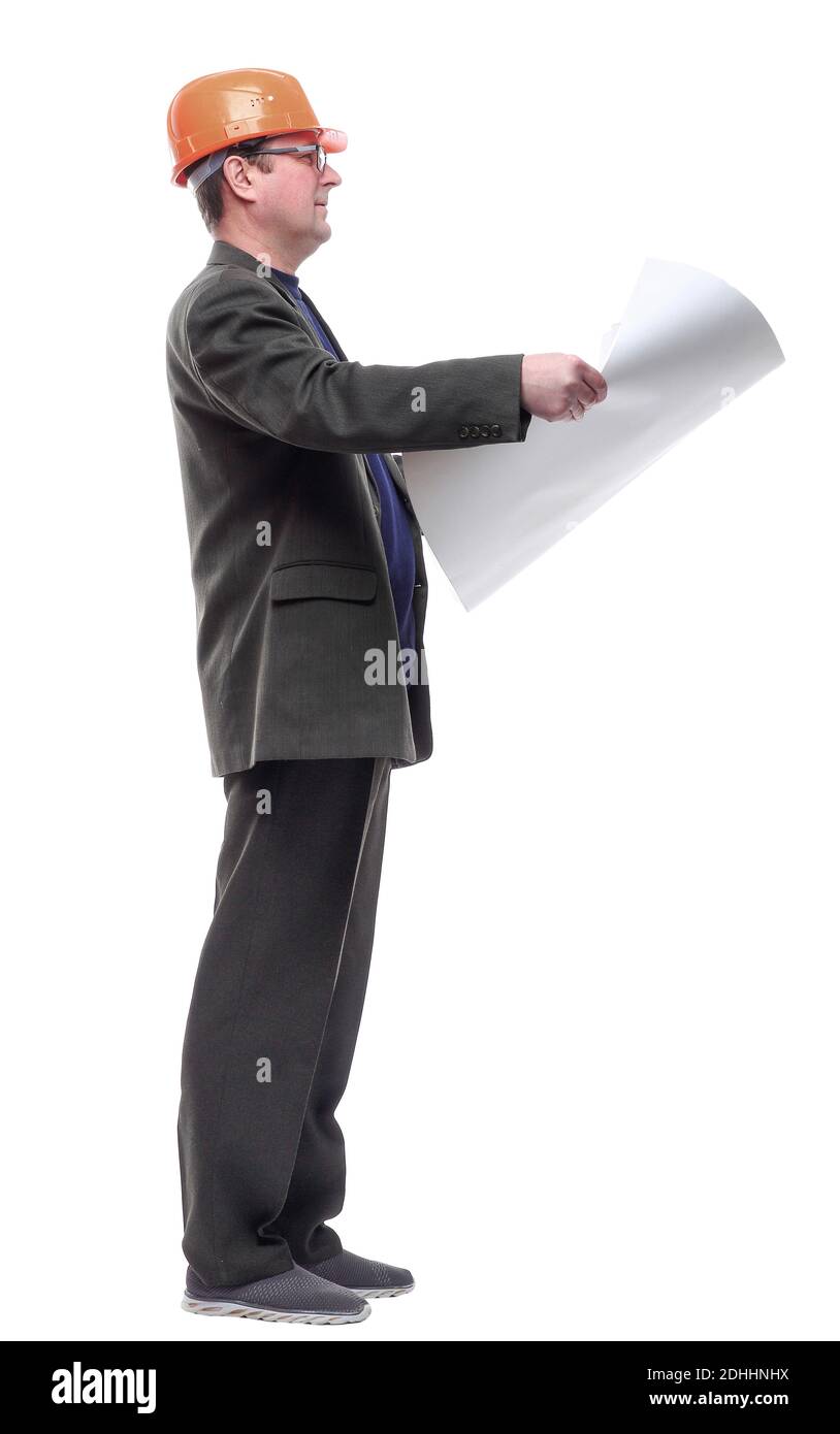 side view. man with a roll of drawings looking at you. Stock Photo