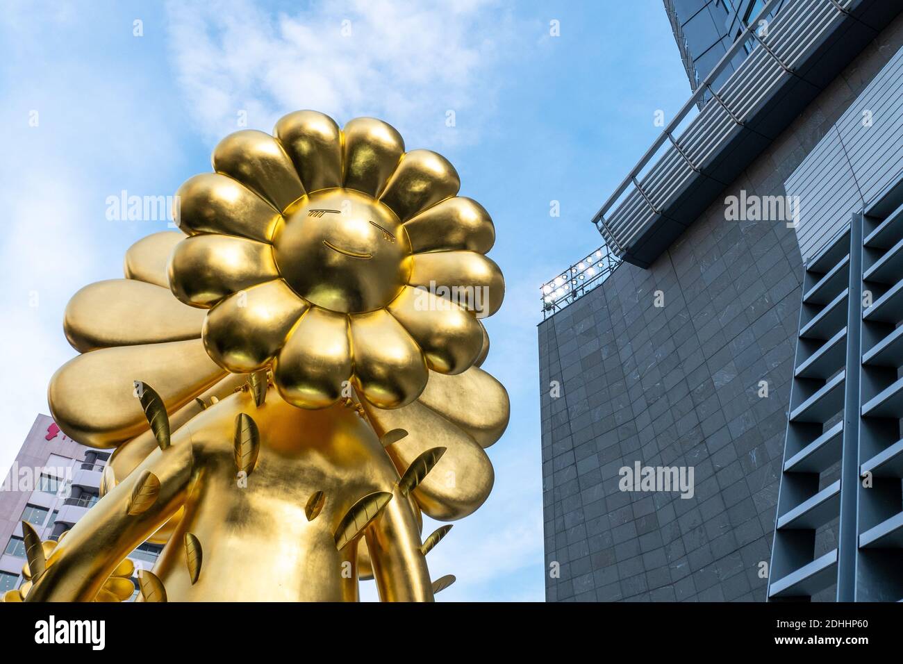 A giant gold flower statue by Japanese artist Takashi
