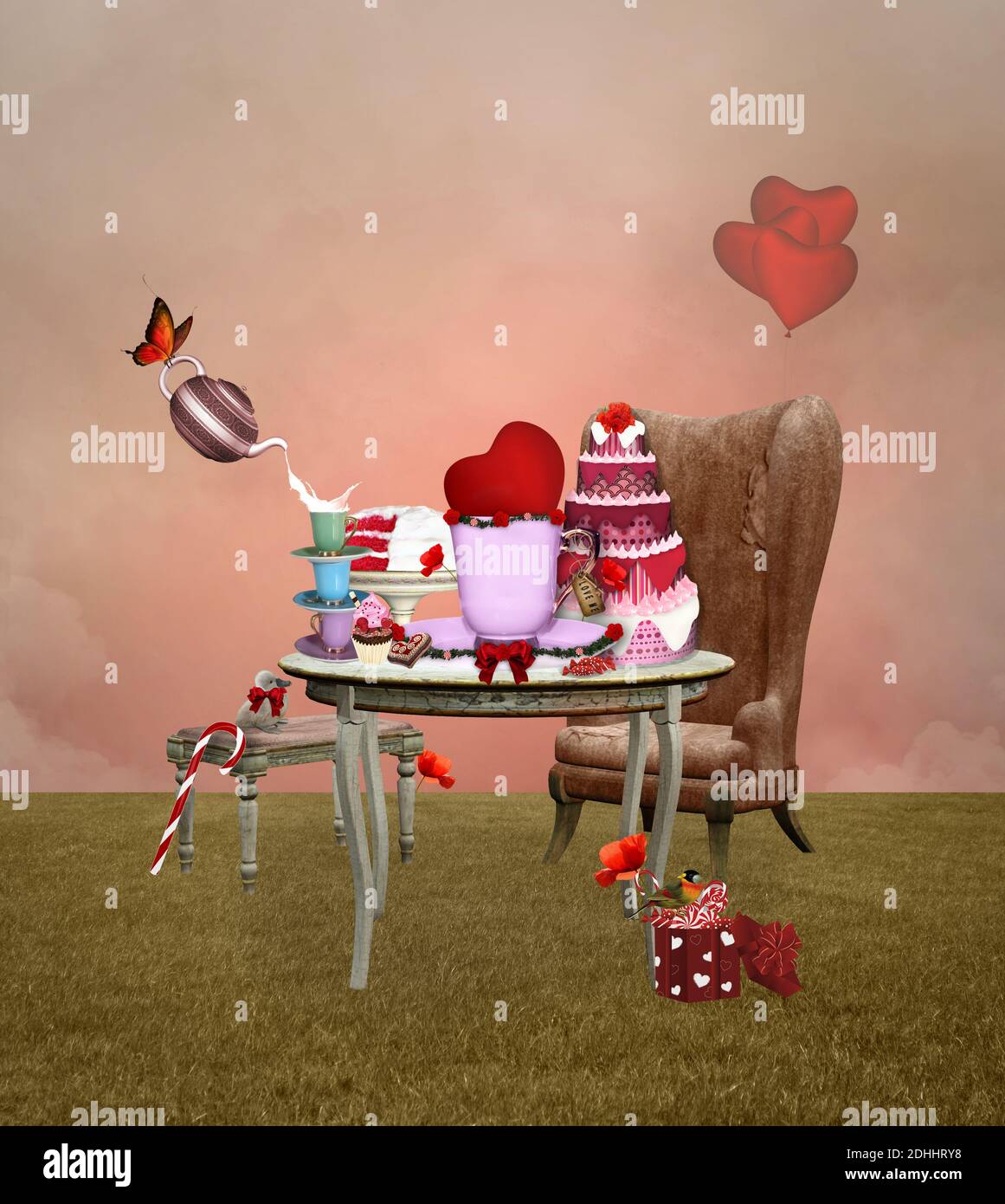 Valentine's day banquet with a red velvet, coffee cups and a big red heart on a table Stock Photo