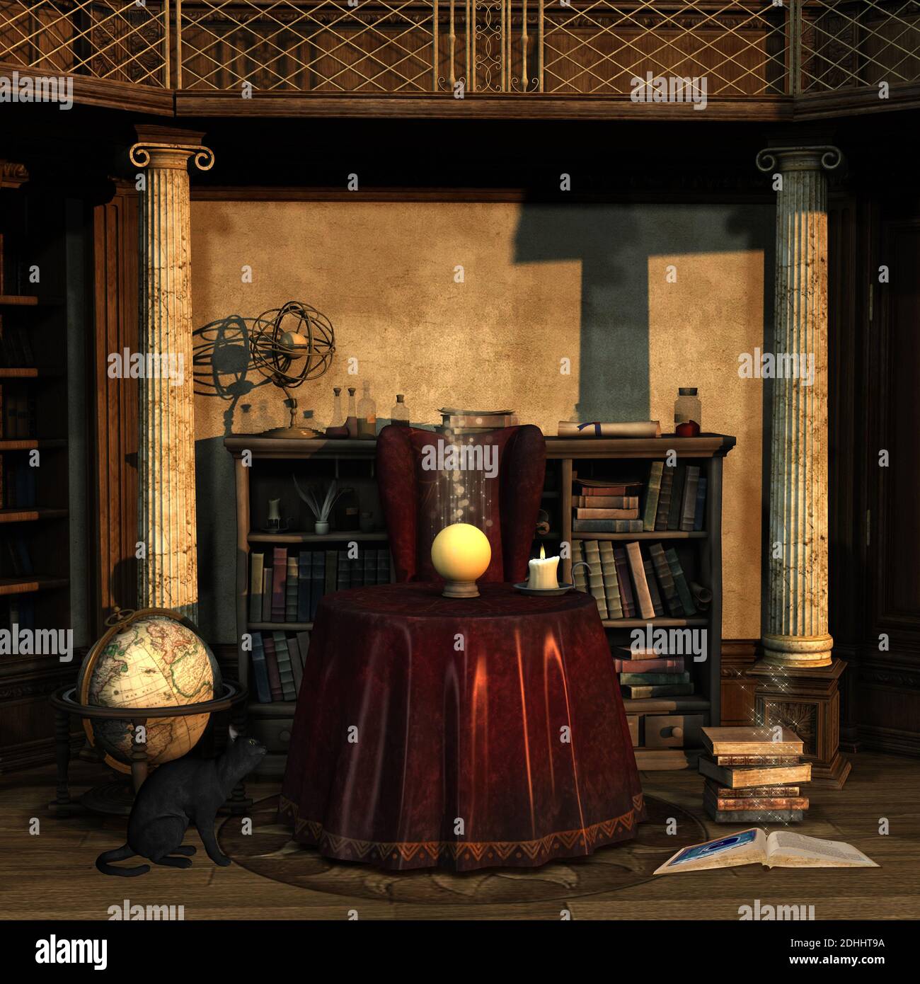 Fortune teller room with a crystal ball and ancient books Stock Photo