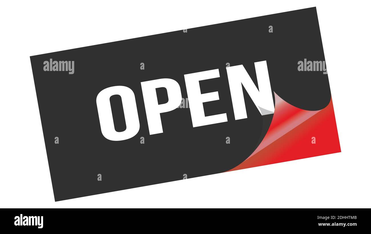 OPEN text written on black red sticker stamp Stock Photo - Alamy