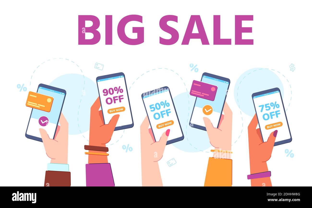 Hands hold phones with sales. Supermarket online discount shopping app. Hand buy in shop with mobile payment. Big sale banner vector concept Stock Vector