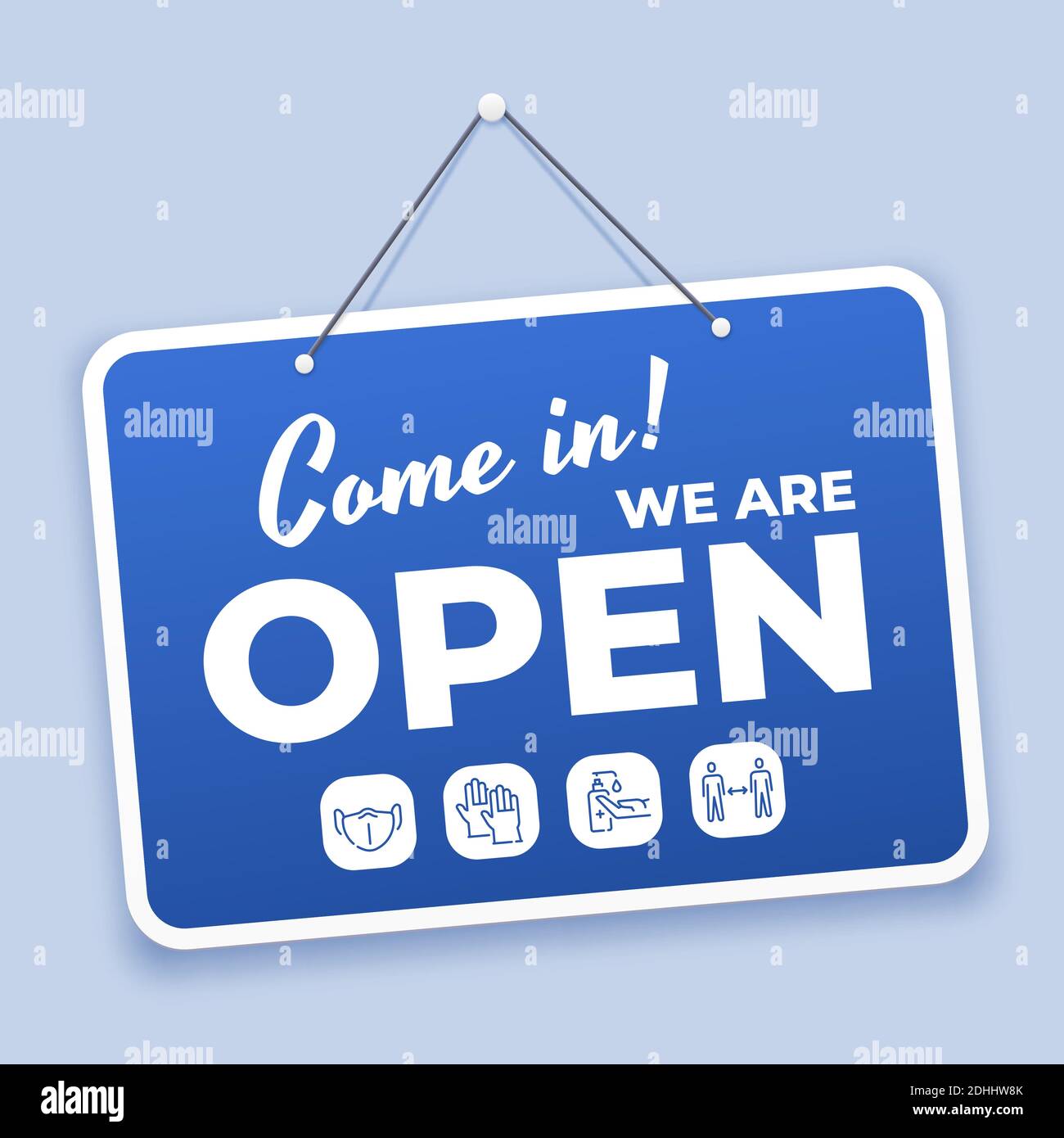 Come in open sign. New normal welcome signage for shop or market reopen during covid 19 with safety icons. Hanging on door vector blue tag Stock Vector