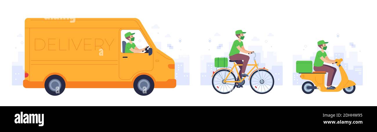 Food delivery transport. Courier in mask deliver goods drive truck, bike and motorcycle. Covid safe shipping service to home, vector concept Stock Vector