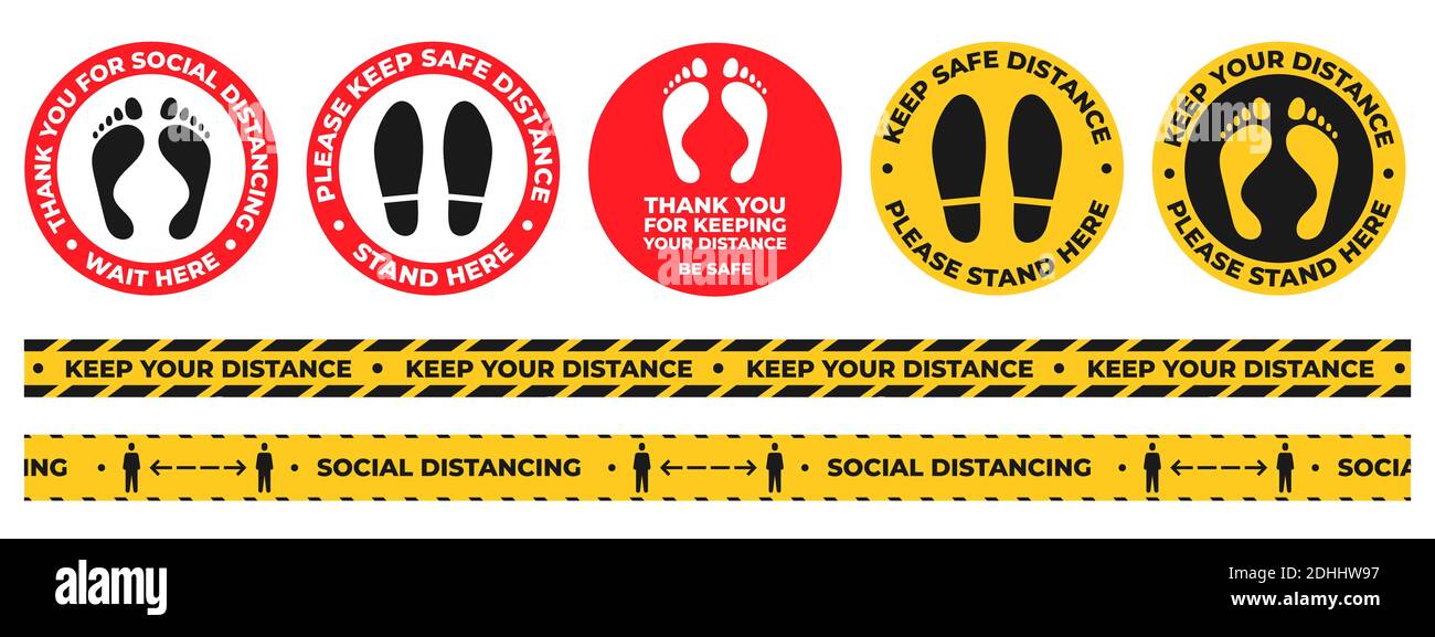 Social distance floor stickers. Round wait here warning signs with foot and shoe prints. Keep safe distancing tape. Covid signage vector set Stock Vector