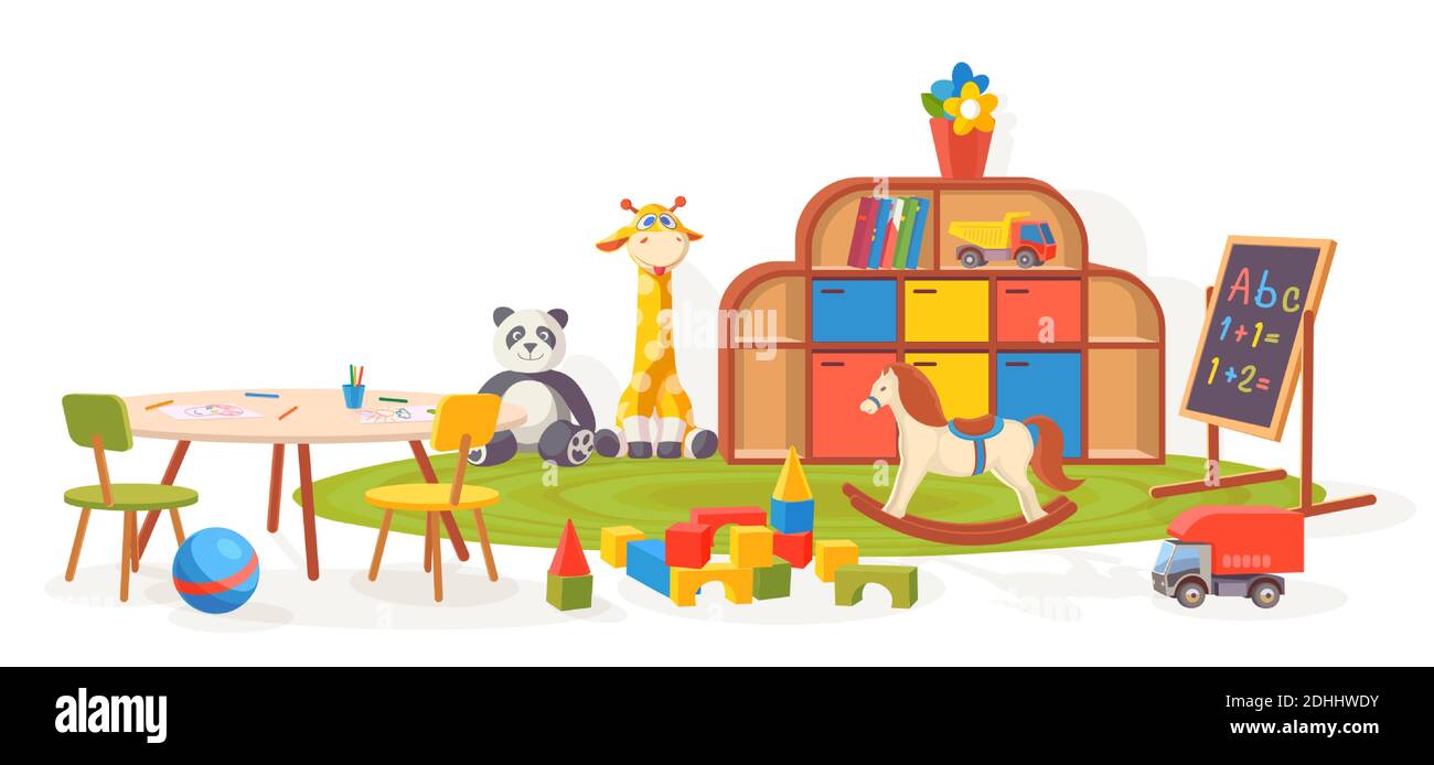 Playing room. Kindergarten classroom furniture with toys, carpet, table and chalkboard. Cartoon kids preschool interior vector illustration Stock Vector
