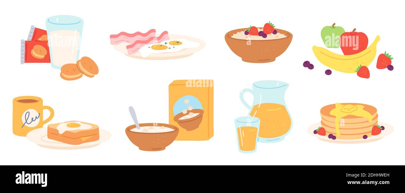 Breakfast meal. Morning lunch drink and food healthy fruit, eggs and bacon, bread, porridge, cereal and milk, pancakes. Luncheon vector set Stock Vector