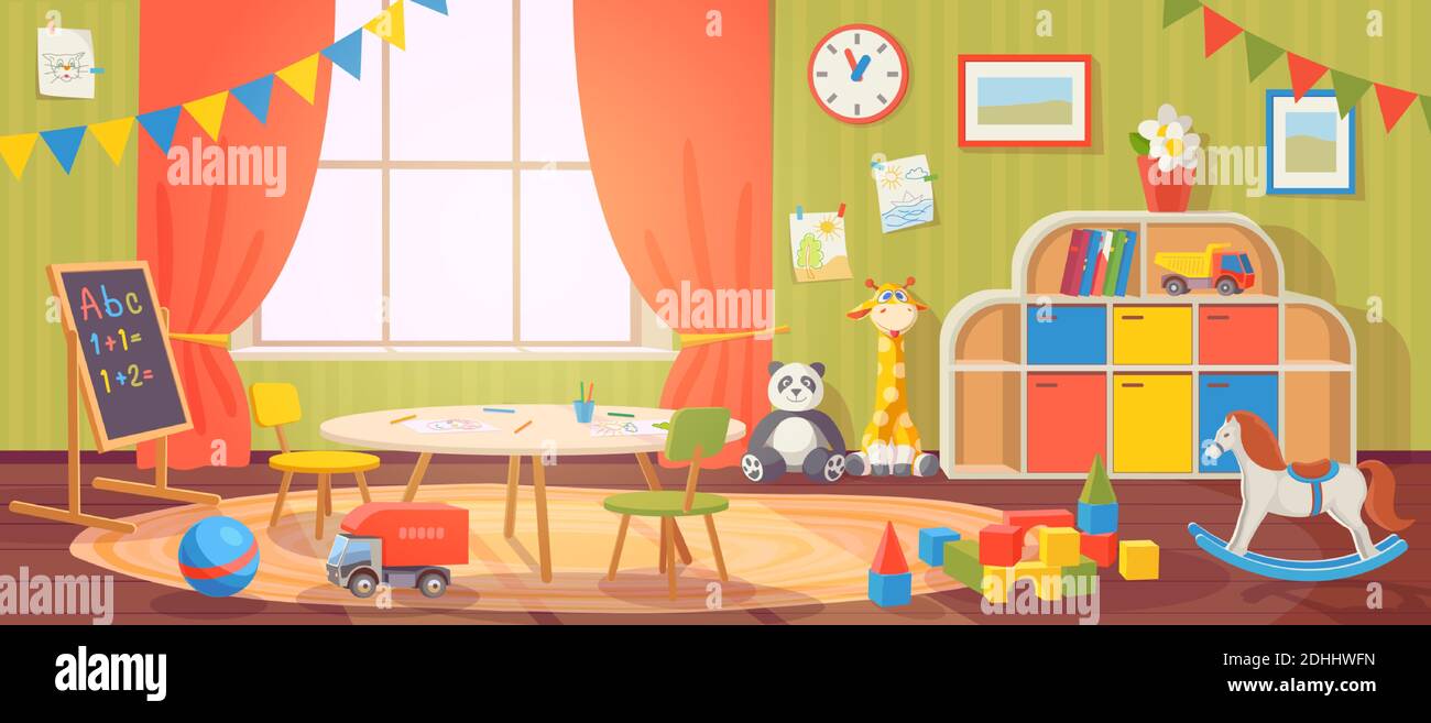 Kindergarten interior. Daycare nursery with furniture and kid toys. Preschool child room for playing, activity and learning, vector cartoon Stock Vector