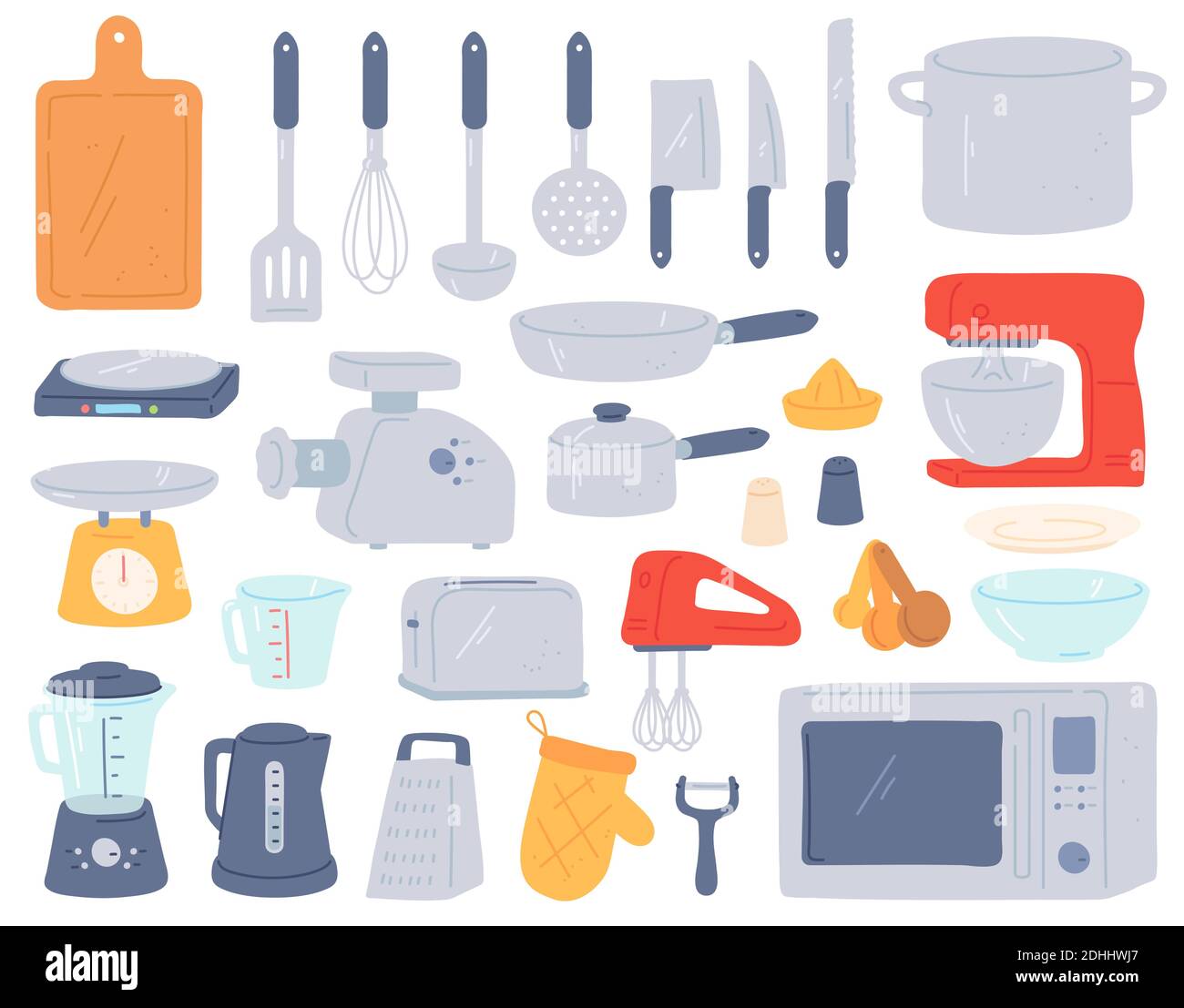 Kitchen tools. Cooking utensil and electric appliances for baking oven, mixer, scales, mincer. Home cookware in minimalist style vector set Stock Vector