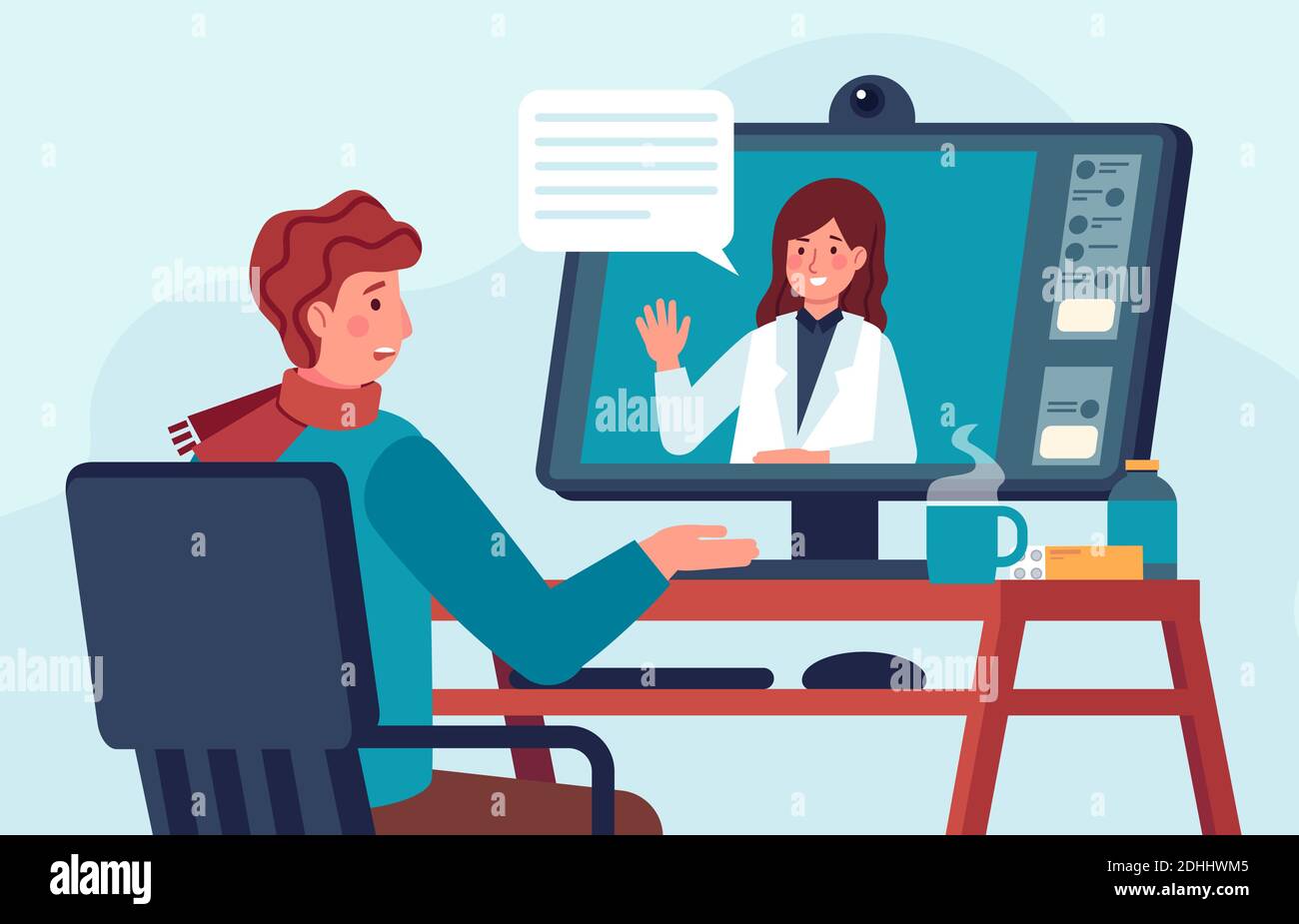 Telehealth doctor consultation. Patient talks with medic on computer. Online video call for pharmacy help. Virtual healthcare vector concept Stock Vector