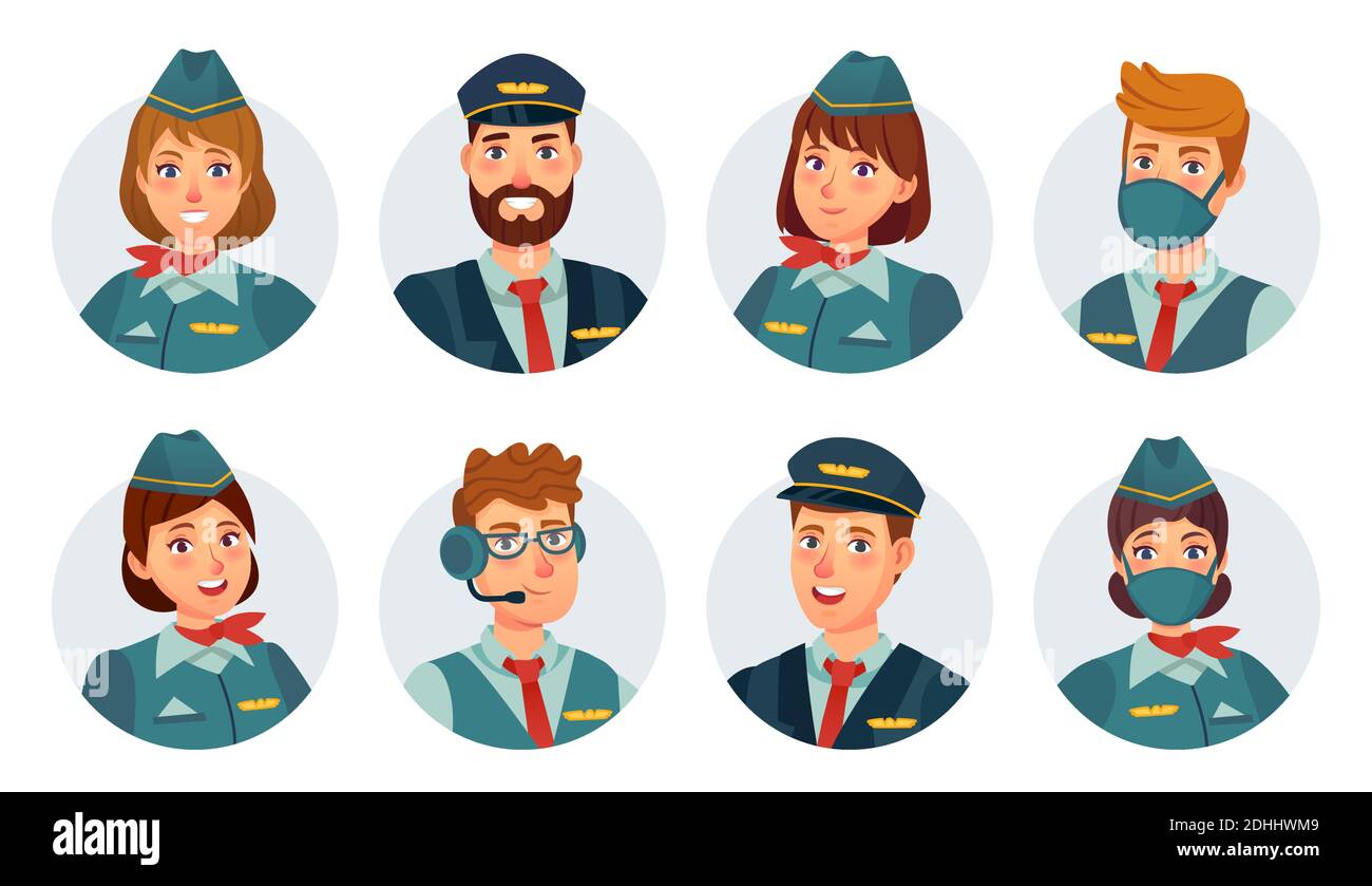 Air crew avatars. Airline pilot, ship captain, stewardess, flying attendant and flight engineer round icon. Airport staff in mask vector set Stock Vector