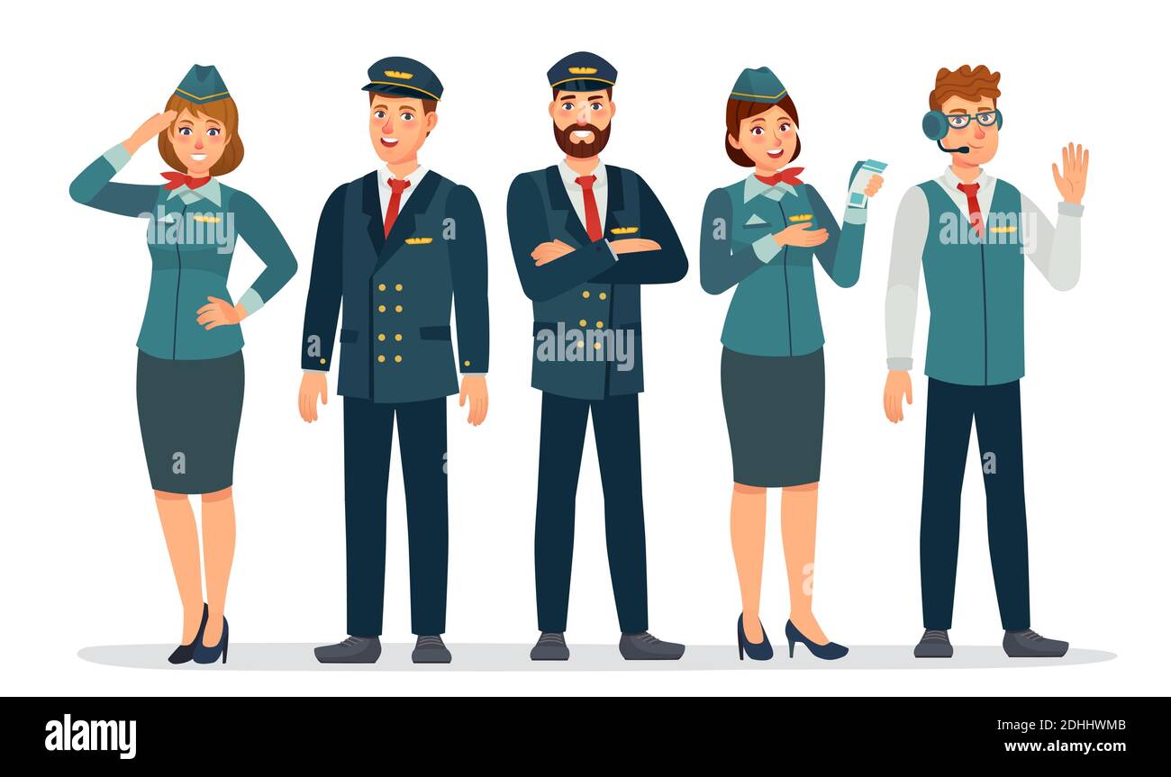 Aircraft staff. Air crew in uniforms pilots, stewardesses and flight attendant. Group of airport employee. Airline personnel vector concept Stock Vector