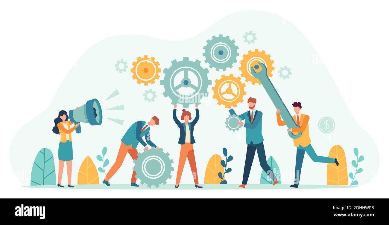 Business people with gears. Employee team create mechanism with cogs, manager with megaphone. Tiny person teamwork motivation vector concept Stock Vector