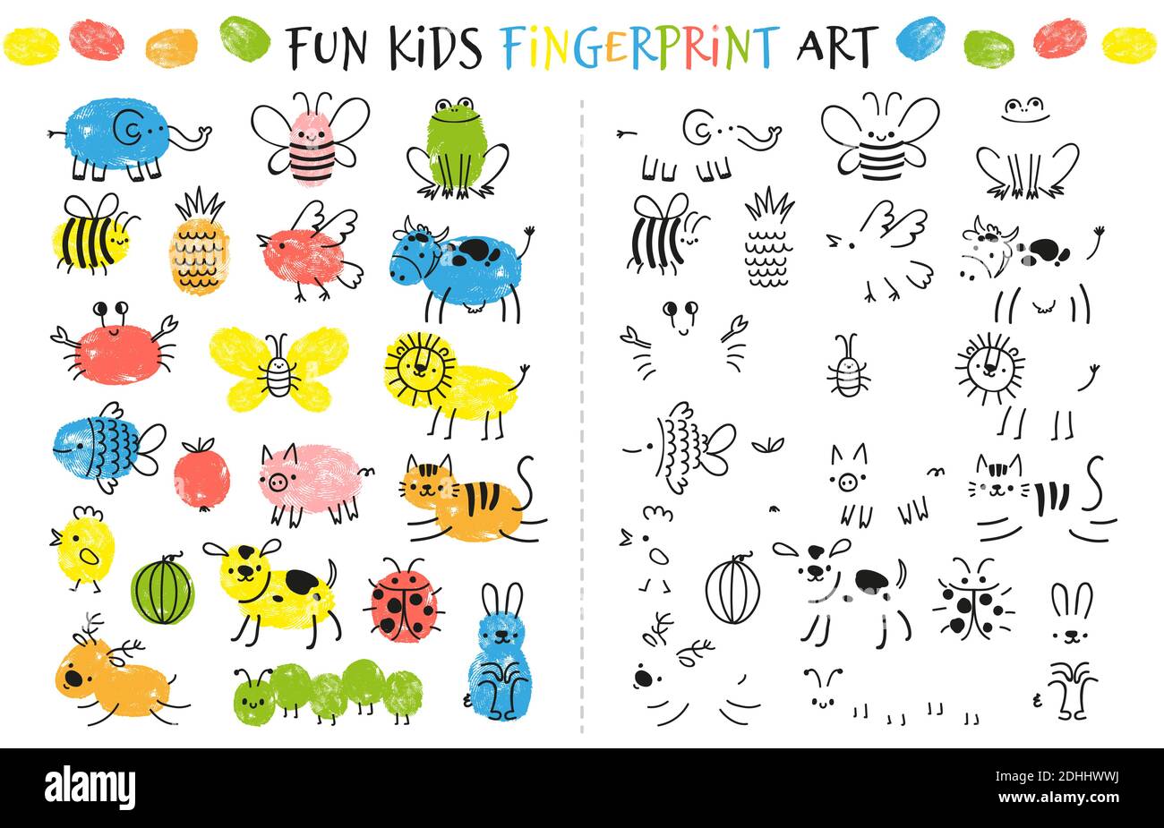 Fingerprint game for kids. Fun educational activity for children study to paint with fingers. Doodle animals and insects drawing vector set Stock Vector