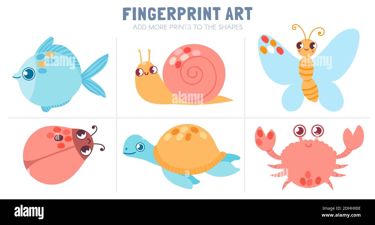 Finger prints kid activity. Worksheet coloring with fingerprint art - butterfly, fish, snail and turtle. Vector fun game for preschool child Stock Vector