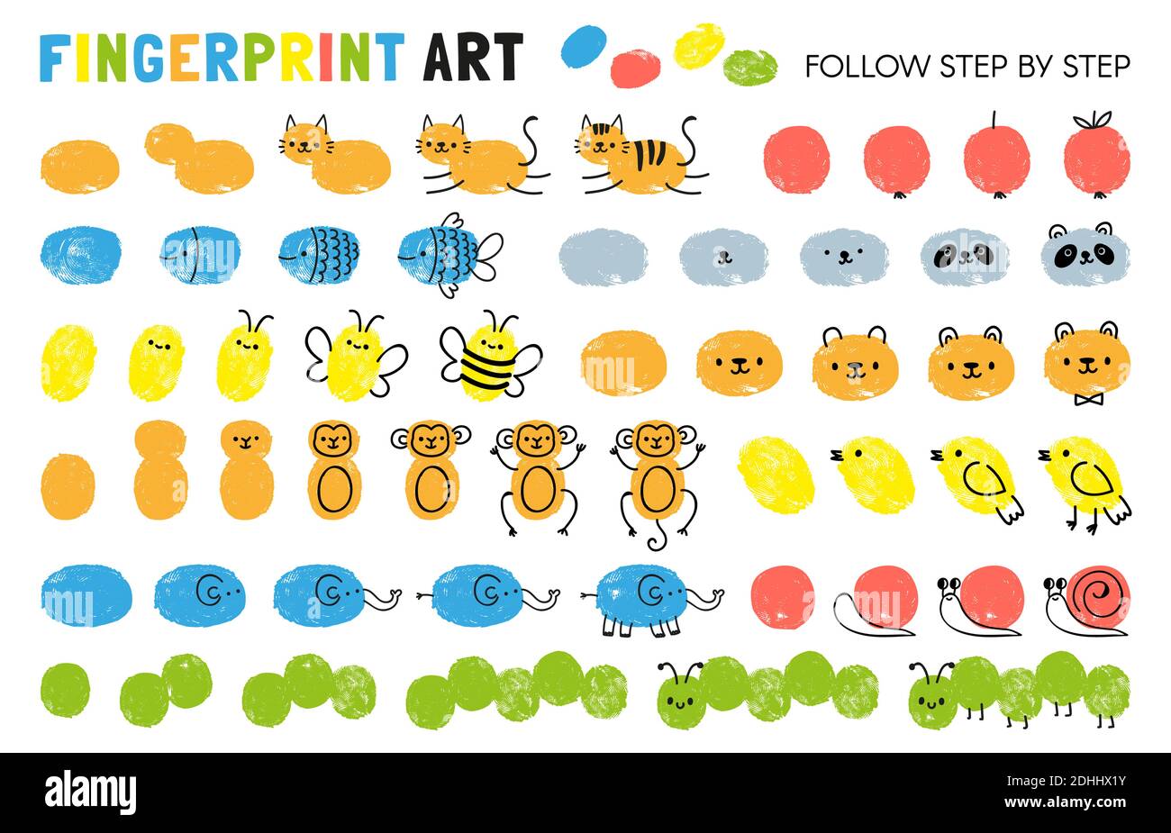 Fingerprint art steps. Worksheet for kid learning to draw animals. Paint with finger print kindergarten activity. Game for child vector page Stock Vector