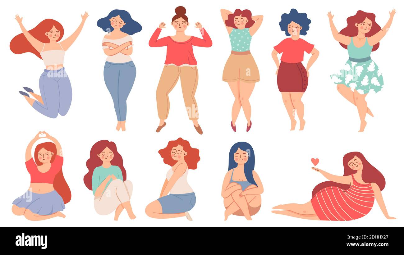 Women self love. Proud adult woman care and hugs herself, holding heart. Happy confident female. Love yourself and body positive vector set Stock Vector
