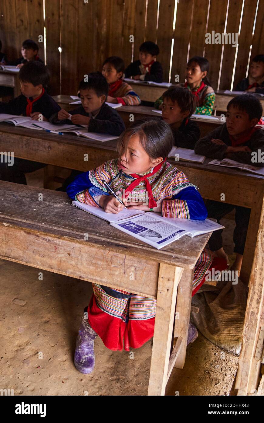 Vietnam. North Vietnam. Bac Ha area. Primary school at Bac Ha. Flower Hmong ethnic group. Stock Photo