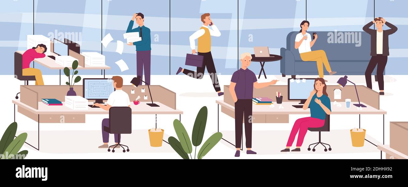 Chaos in office. Work place with stressed, lazy, sleeping or panicing workers and angry boss. Business problem at deadline vector concept Stock Vector