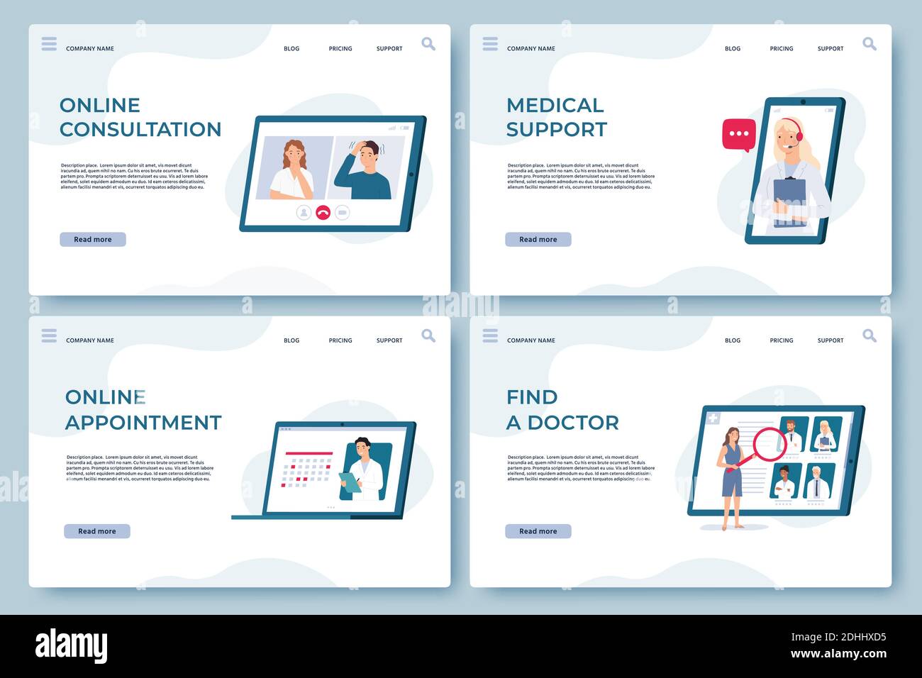 Medical consultation landing pages. Online doctor support, health services, find specialist and make appointment. Medicine vector web page Stock Vector