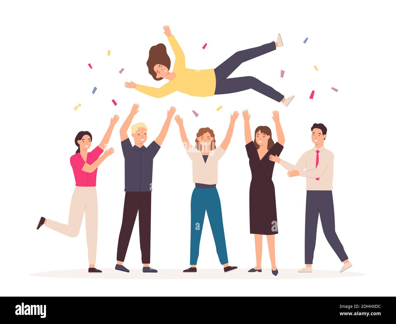 Team throwing person in air. Celebrate win and business success congratulation. Friends toss up woman at party with confetti vector concept Stock Vector