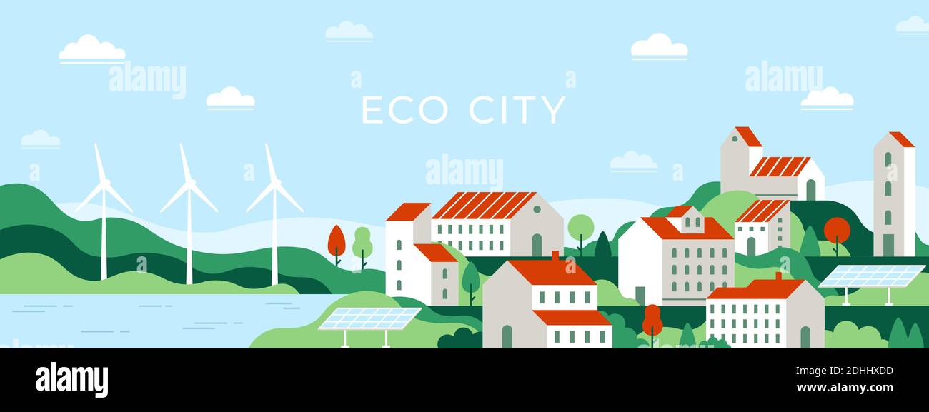 Eco city. Urban landscape of future town use alternative energy sources solar panel and windmills. Save environment ecology vector concept Stock Vector