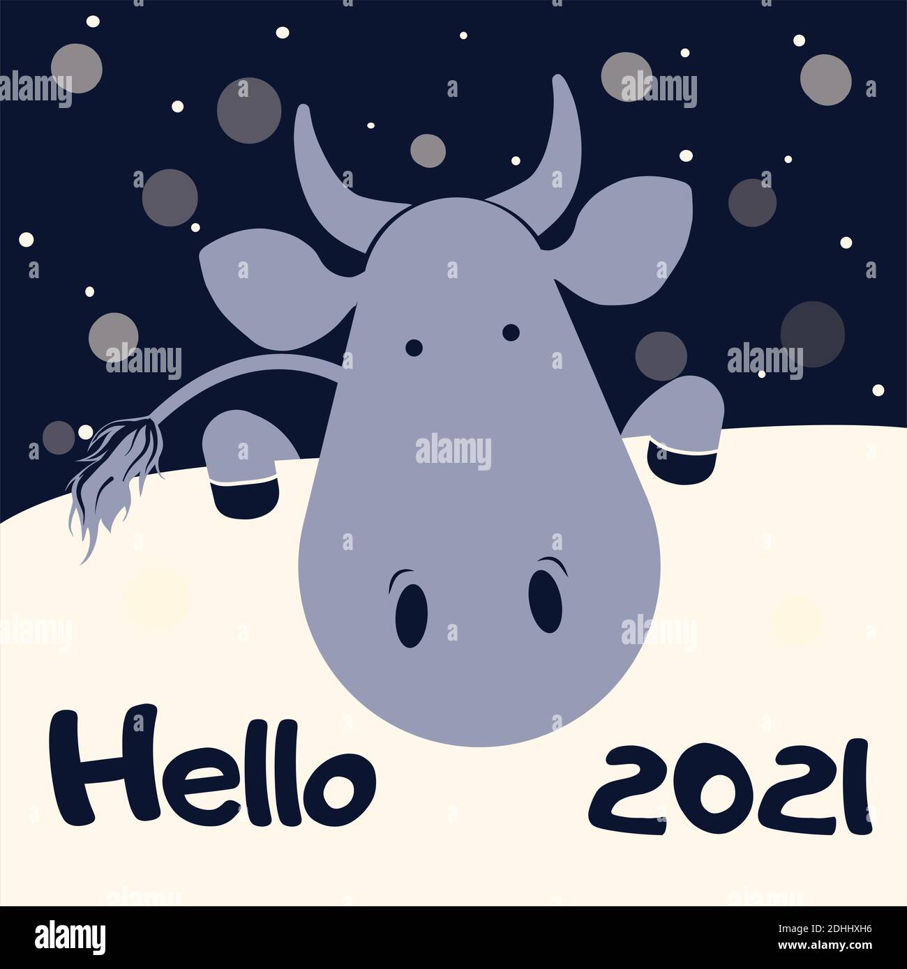 Lettering Hello 2021.Cute Ox. Monochrome Greeting card for Happy Chinese new year 2021 with funny bull. Vector illustration. Square greeting cards. Me Stock Vector