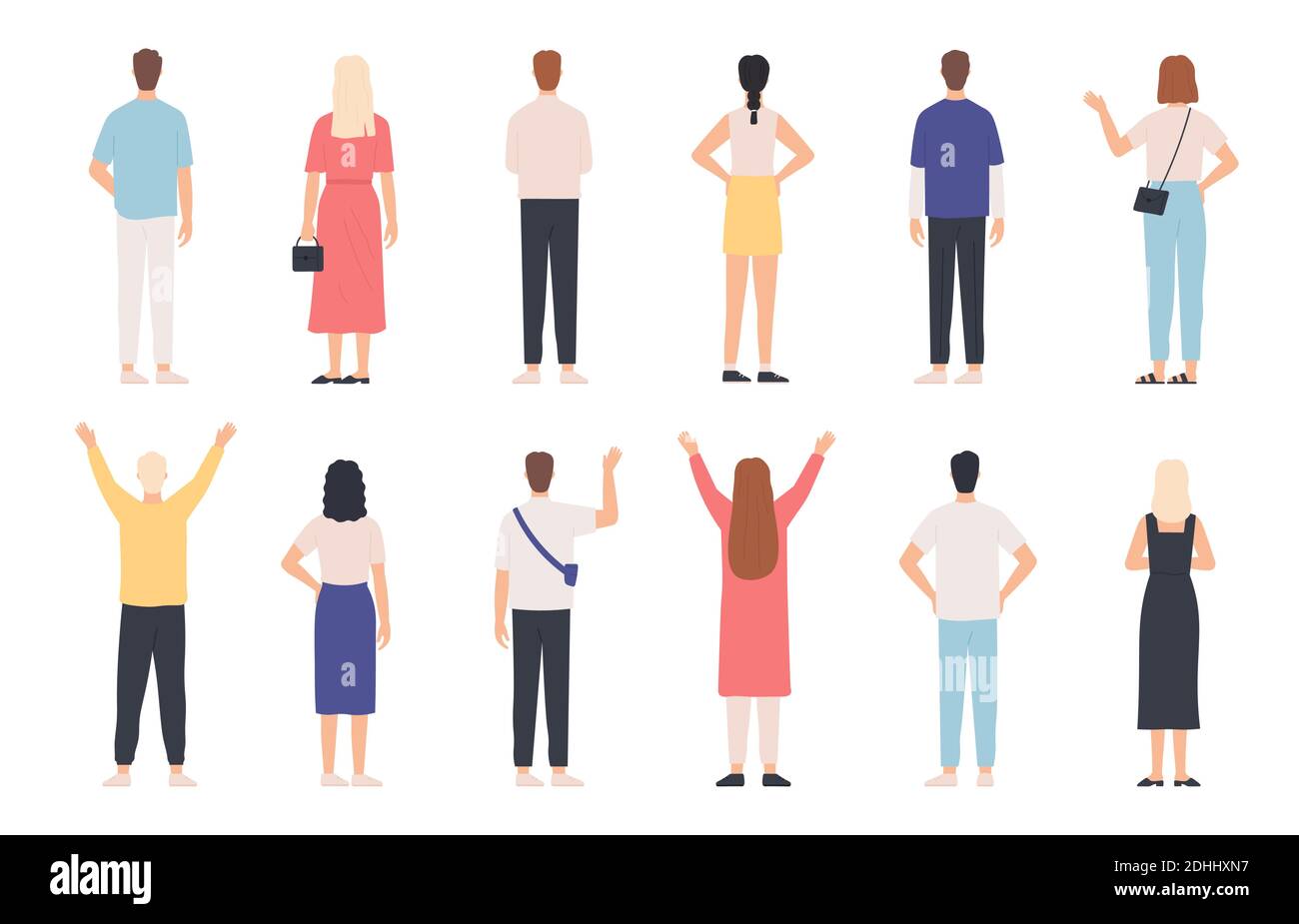 People from behind. Adult man and woman back view standing poses. Happy person with hands up and waving. Rear human in clothes vector set Stock Vector