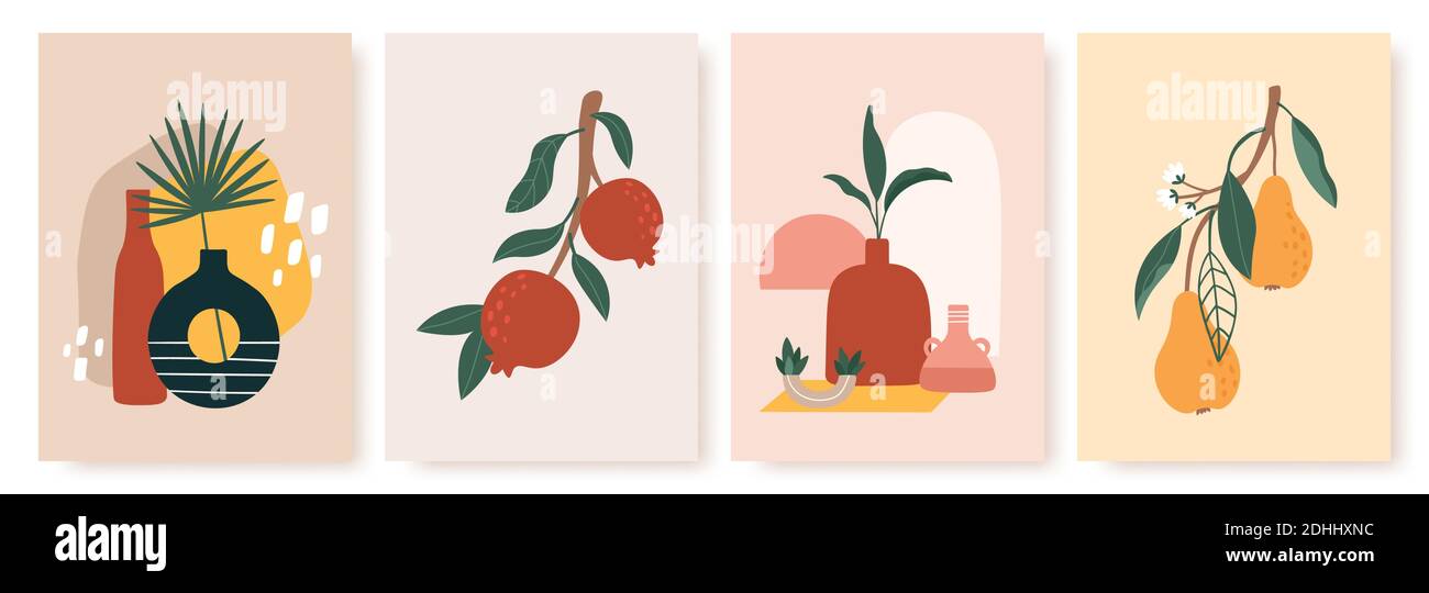 Vase and fruit print. Still life with ceramics and fruits pears, pomegranates on branch with leaves. Modern scandinavian posters vector set Stock Vector