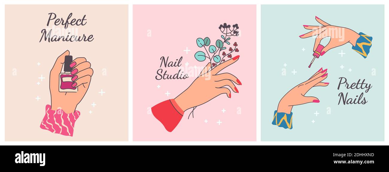 Nail manicure print. Posters for beauty salon with woman hands. Manicured fingers with painted polished nails. Spa trendy design vector set Stock Vector