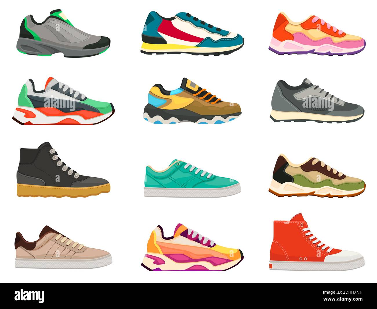 Sneakers shoes. Fitness footwear for sport, running and training. Colorful  modern shoe designs. Sneaker side view cartoon icons vector set Stock  Vector Image & Art - Alamy
