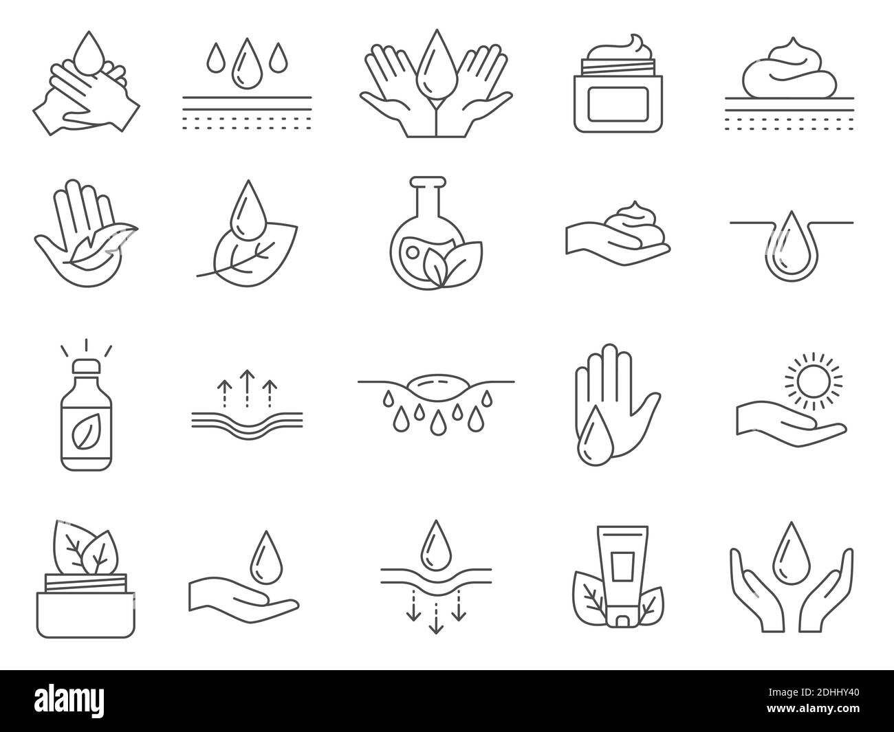 Skin care icons. Outline anti age lifting cream, oil drop, hands moisture gel, collagen and ph balance. Natural cosmetics line vector set Stock Vector