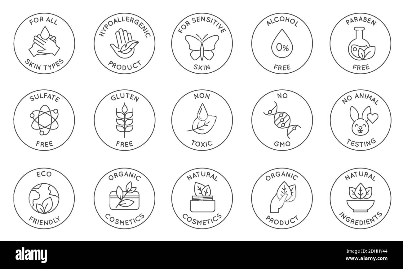Eco cosmetics icon. Organic natural products alcohol, paraben and gluten free line icons for packaging. Round stamps and badges vector set Stock Vector