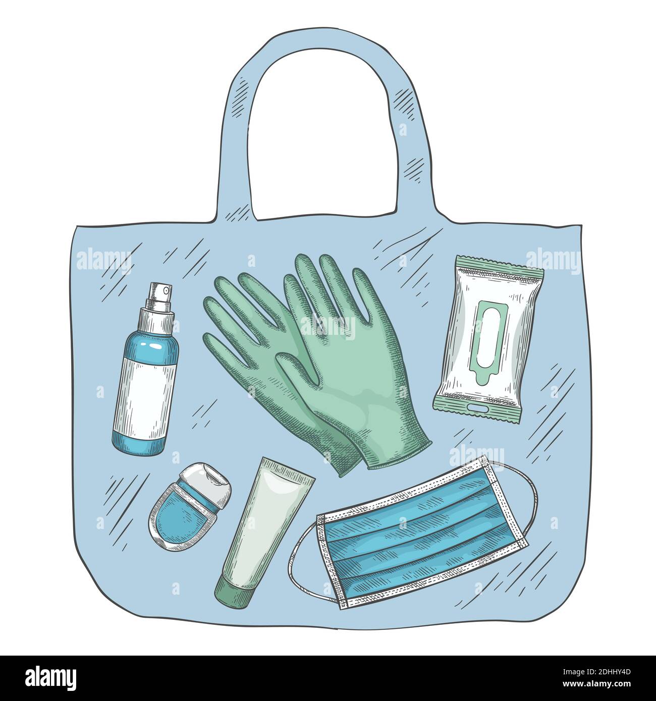 Travel sanitizer kit. Disinfectant, medical mask, gloves, alcohol spray and wipes in bag. New normal life during covid-19, vector concept Stock Vector