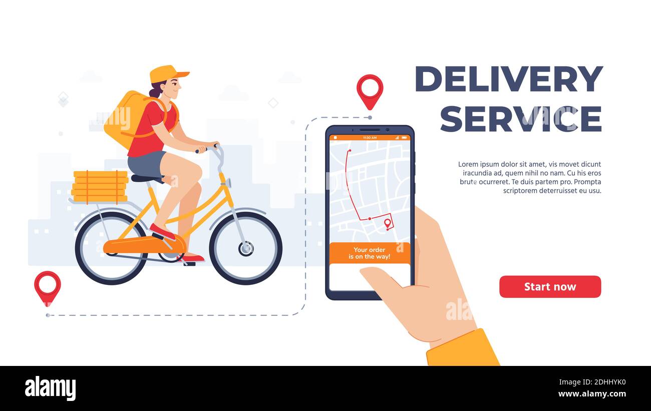Delivery service application. Woman riding bicycle with food mobile app. Online service, courier on bike Stock Vector