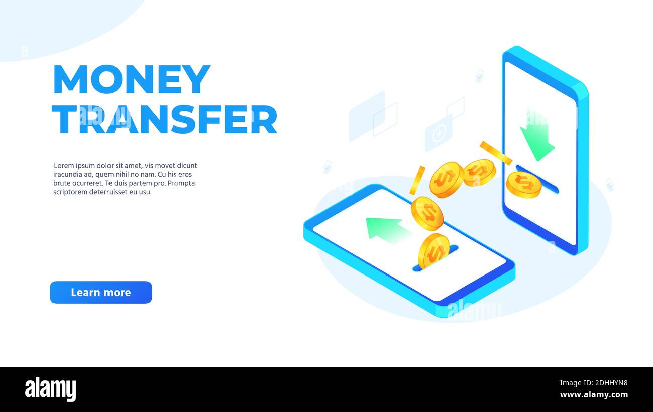 Money transfer on mobile phones. Dollar coins flying from one smartphone to other. Sending and