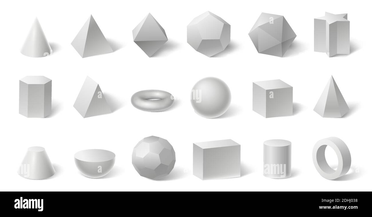White geometric 3d shapes. Geometry form for education. Hexagonal and triangular prism, cylinder and cone Stock Vector