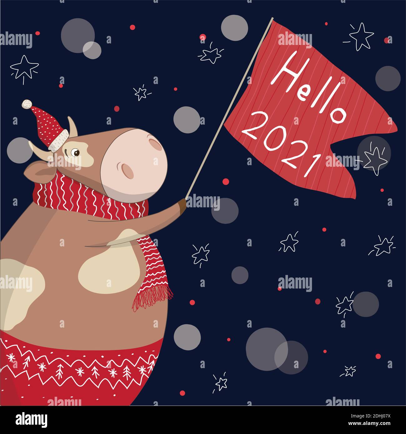 Lettering Hello 2021.Cute Ox.Greeting card for Happy Chinese new year 2021 with funny bull. Vector illustration. Square greeting cards. Merry Christma Stock Vector