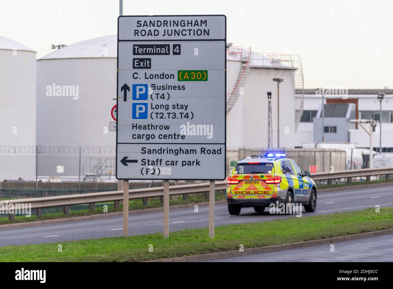 Police responding to an incident at the Sandringham Road Fuel Farm entrance at London Heathrow Airport, UK, close to the fuel tanks. Security Stock Photo