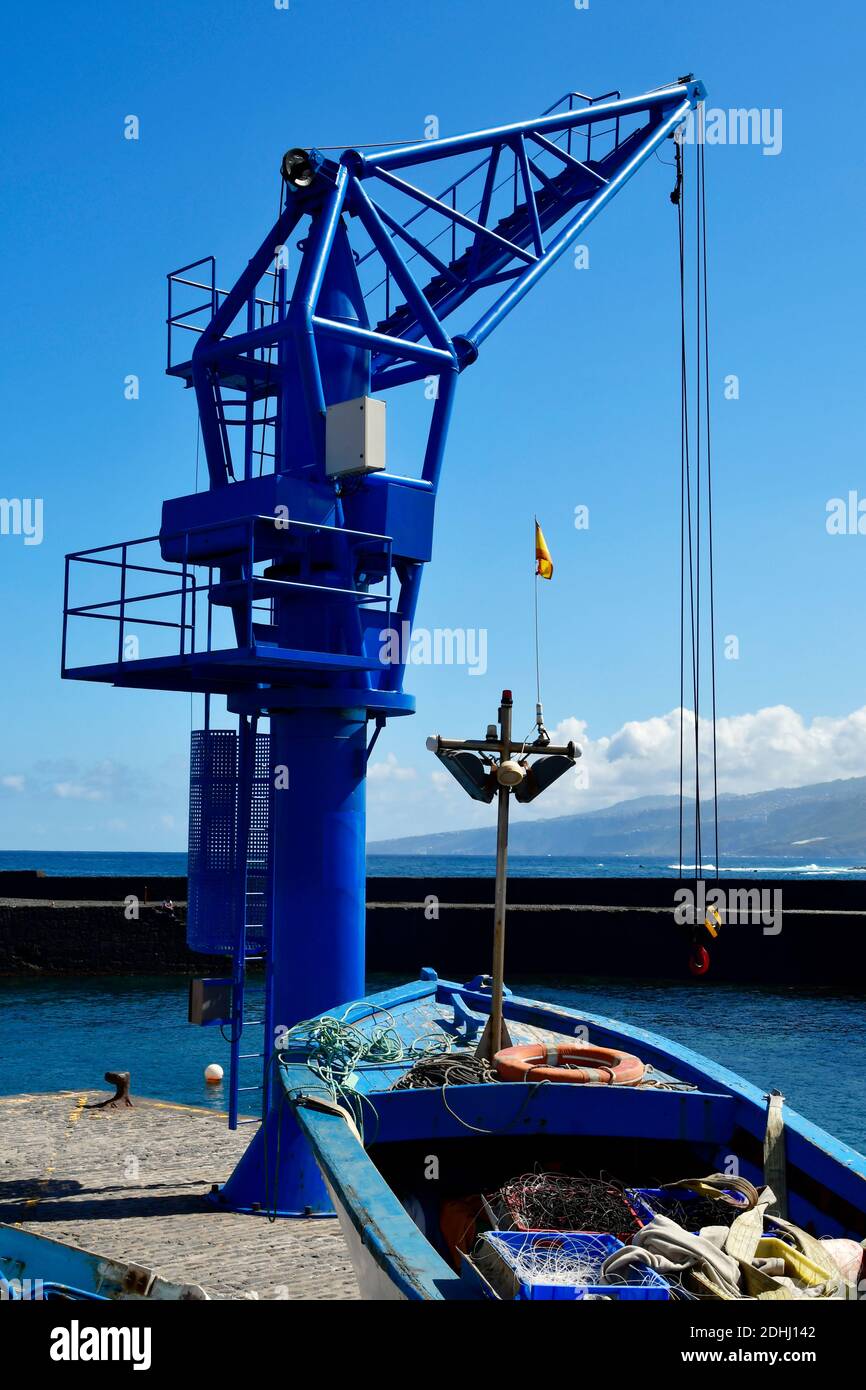 Spain, Canary Islands, Tenerife, crane in marina of Puerto de la Cruz Stock Photo