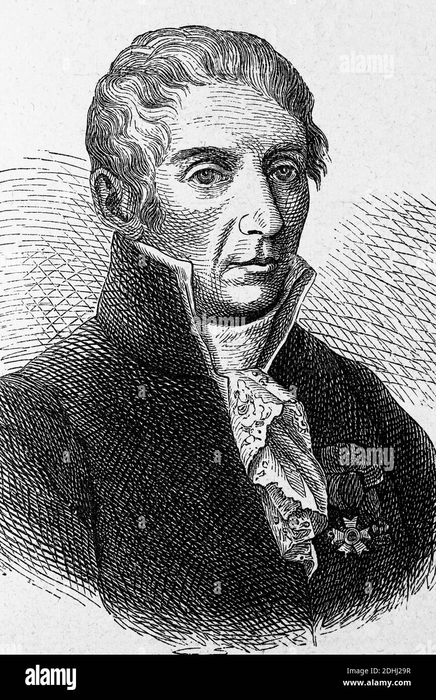 Alessandro Volta. Italian chemist, physicist, pioneer of electricity and power. 1745-1827. Antique illustration. 1899. Stock Photo