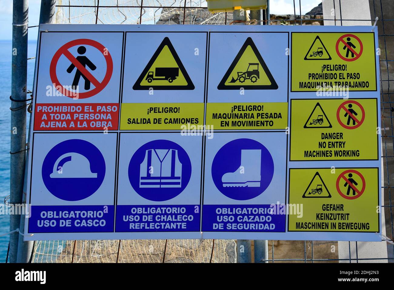 Spain, Canary Islands, board with different prohibition and warning signs on a building site Stock Photo