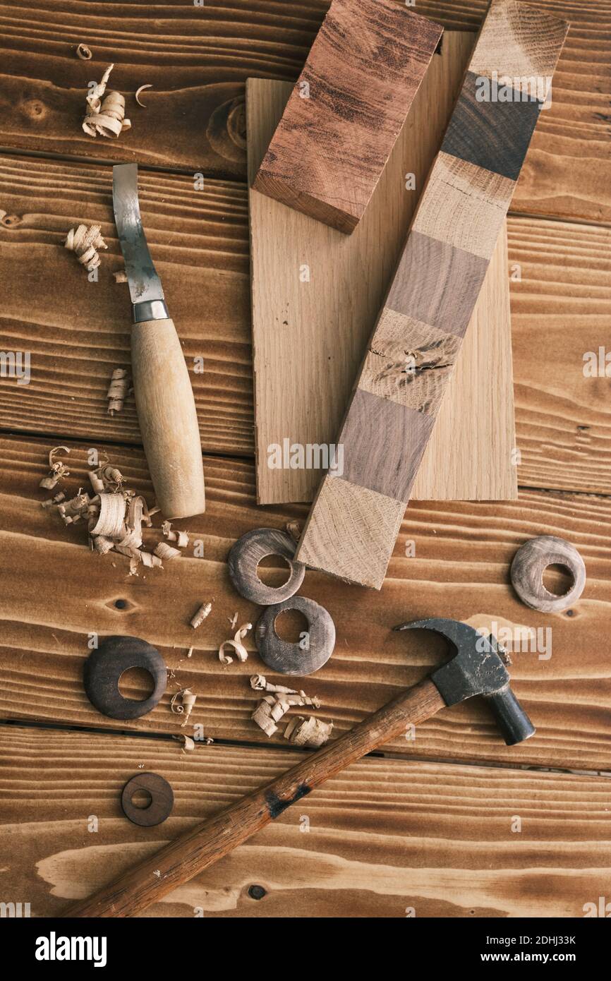 Set of tools for carpentry and hobby. Wood forming tools. Layout Stock Photo