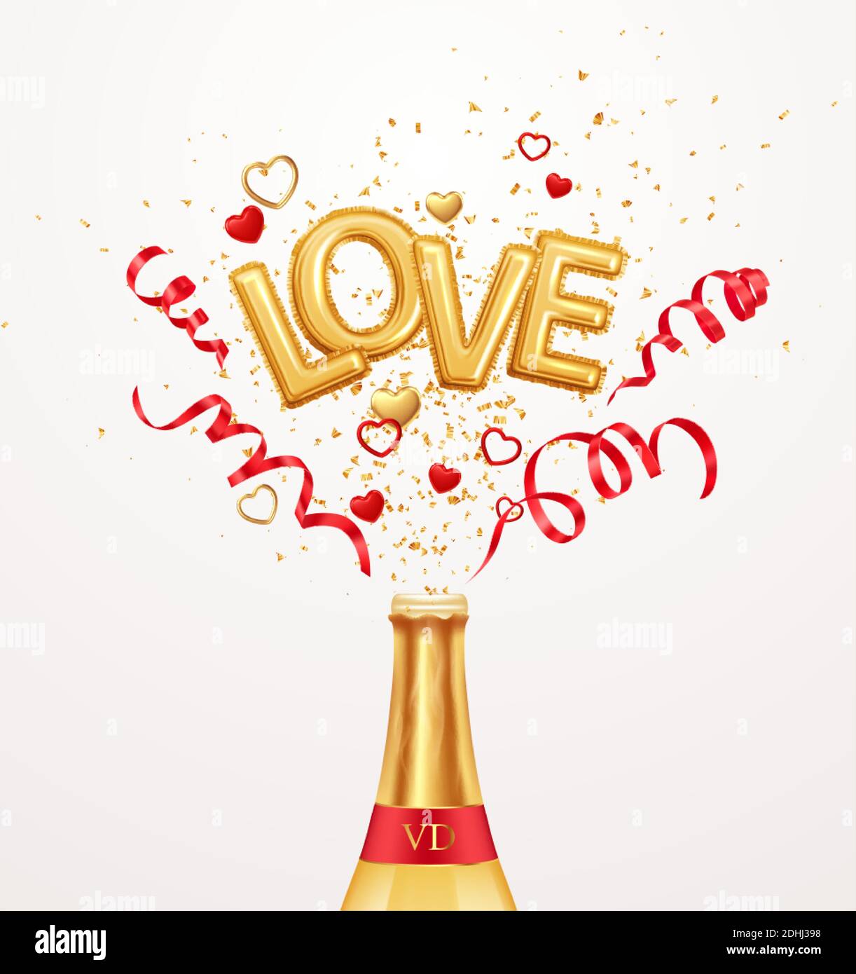 Inscription love helium balloons on a background of golden confetti and red swirling streamer ribbons flying out of a bottle of champagne. Happy Stock Vector